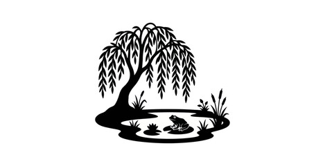 Frog on Lily Pad Willow Tree Vector Illustration © Mardiyo