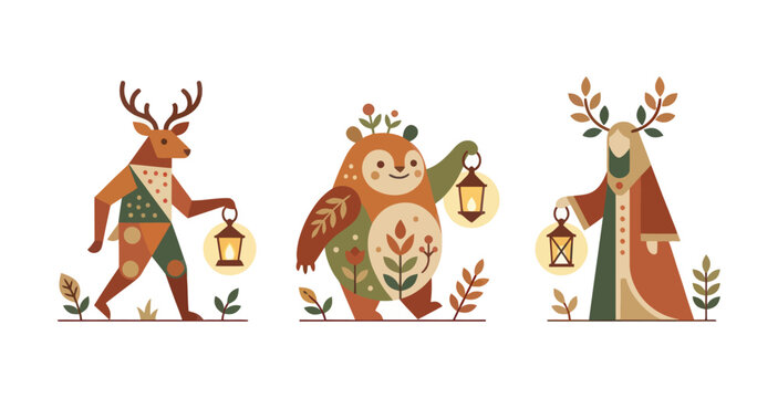 Whimsical Forest Creatures with Lanterns Vector Illustration
