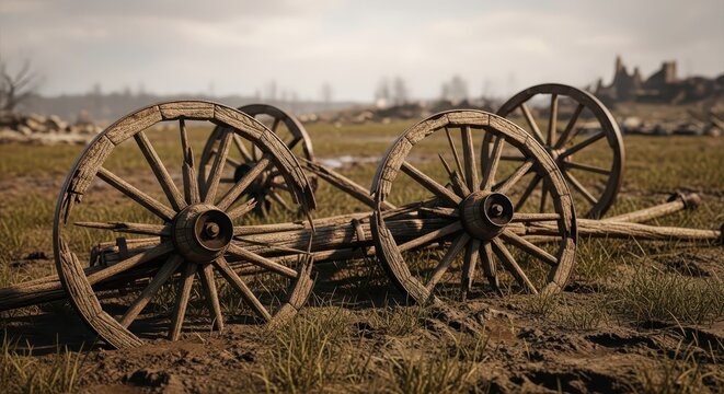 Ancient wooden wagon wheels lying on the ground in a dry, grassy field, evoking a sense of history and abandonment.