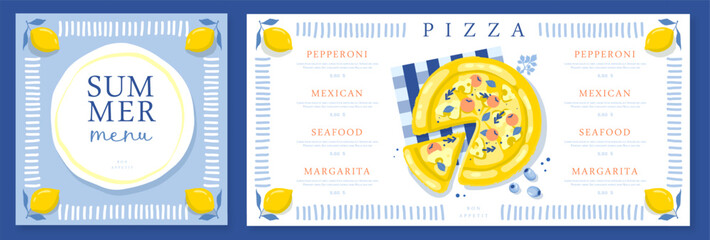 Naklejka premium Mediterranean restaurant pizza menu design with hand drawing lemons and frame. Flat design. Vector illustration