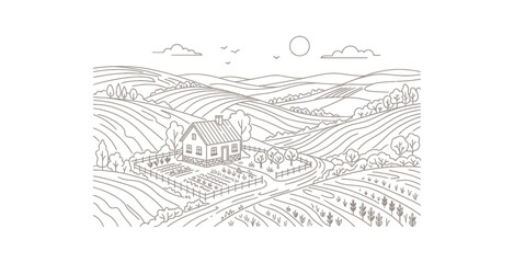 Fototapeta premium Monoline Rural Farmhouse Landscape Vector
