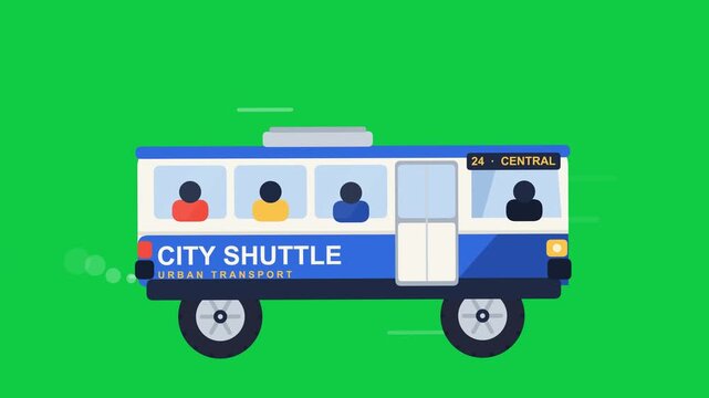 Animated City Shuttle Bus Moving with Passengers in Bright Green Background