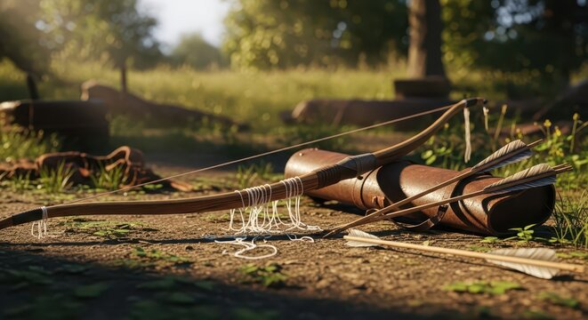 Ancient Wooden Bow and Arrows with Leather Quiver Resting on Forest Ground at Sunrise