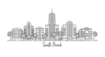 Fototapeta premium Art Deco Skyline with Palm Trees, South Beach, Miami Lines