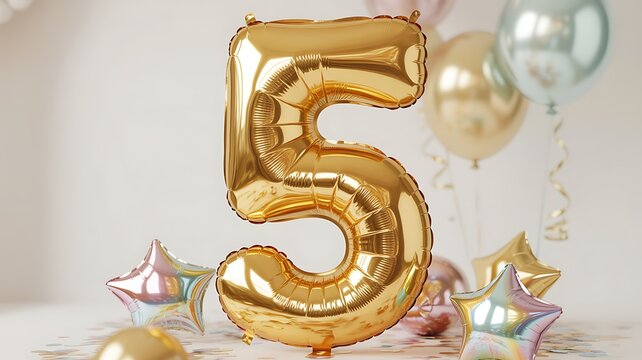 Shiny gold foil balloon number five , fifth birthday concept. 