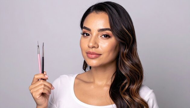 Professional eyebrow artist holding cosmetic tools