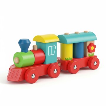 Vibrant colorful wooden toy train with carriages for childrens playtime adventures