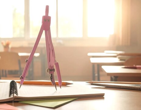 Pink drafting compass on a desk in a sunny classroom.