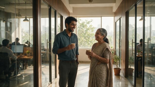 Friendly conversation between a young man and an elderly woman in a bright modern setting. Great for community, mentoring, relationships, family, and intergenerational concepts.