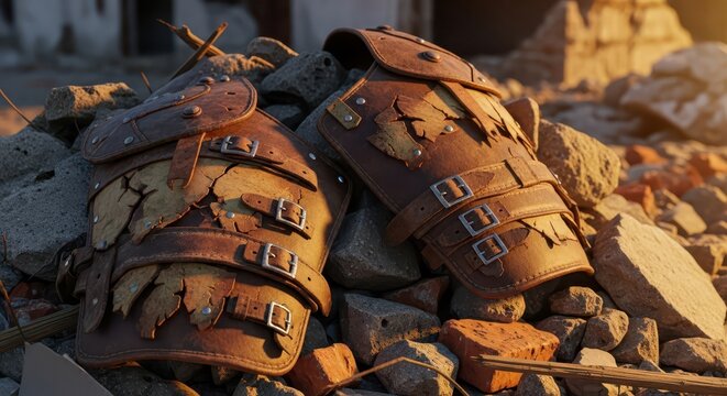 Ancient worn leather pauldrons and gorget with buckles, lying in a pile of rubble and rocks, post-apocalyptic setting