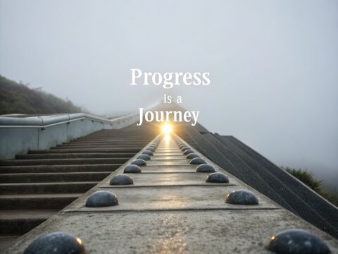 Ascending Staircase Leading Towards Light with Progress is a Journey Quote