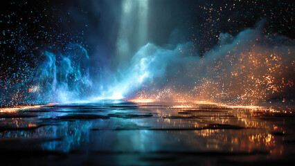 Obraz premium Abstract contrast background with blue cyber energy sparks and gold fire particles on dark reflective floor. Cinematic Teal and Orange duel concept