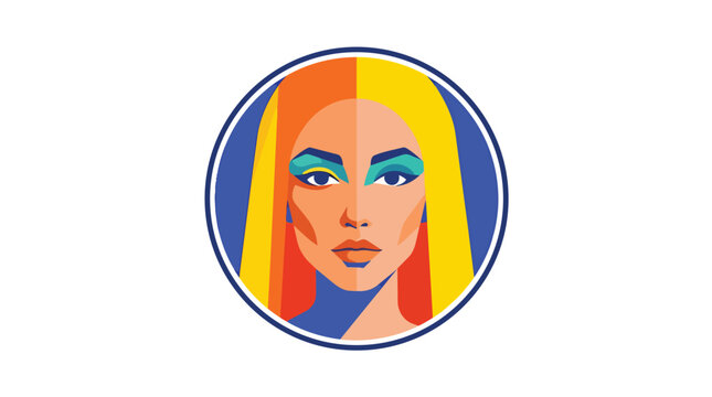 Vibrant female portrait avatar with bold makeup in minimalist flat vector illustration for beauty and fashion branding