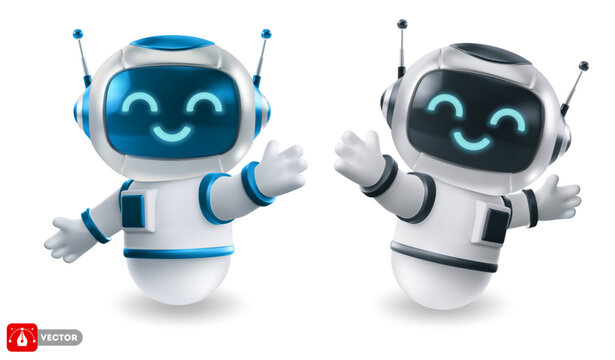 Set of cute AI chatbot robot character with smiling face, glowing eyes and friendly gesture. Assistant and helper for  communication, customer support and automated chat. Isolated vector illustration