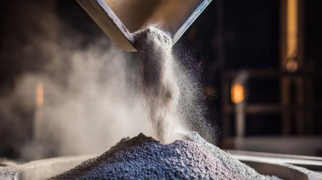 Fine Powder Being Discharged from a Hopper into a Pile, Capturing Dust Clouds in Industrial Setting
