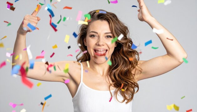 Woman throwing colorful confetti celebrating