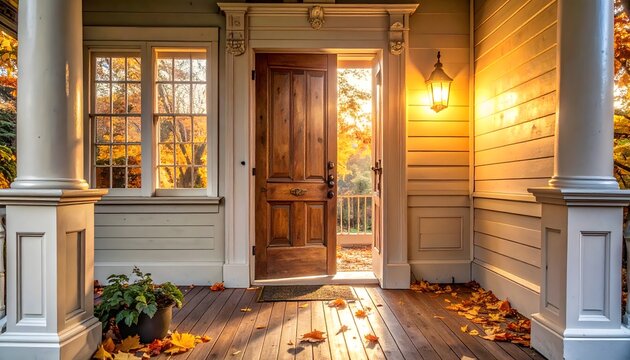 Entrada de casa con puerta de madera, porche iluminado y hojas secas sobre el suelo