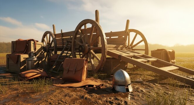 Ancient wooden cart with supplies and knight's helmet abandoned in a grassy field during sunset