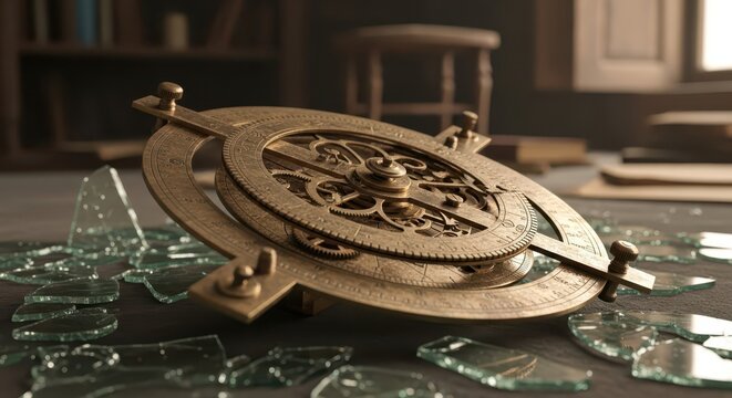 Antique brass astrolabe device with intricate gears, surrounded by shattered glass fragments on a wooden desk.
