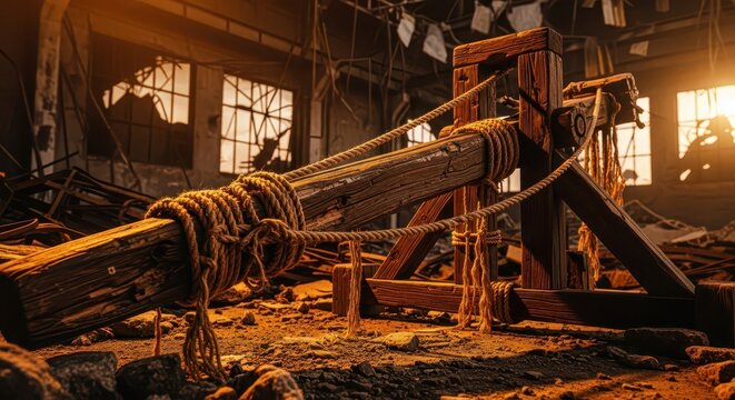 Ancient wooden catapult mechanism in a derelict industrial building, historical siege weapon design