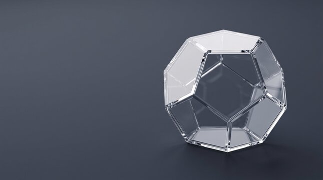 Minimalist glass truncated icosahedron node with crystal refraction on dark slate background widescreen