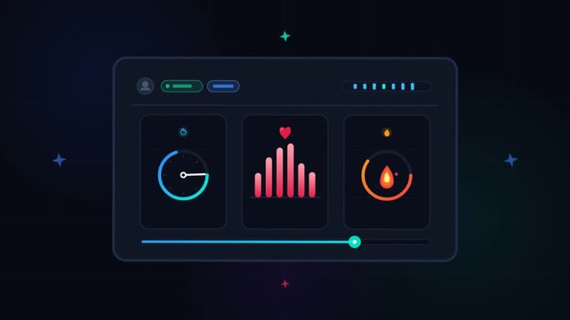 Futuristic health dashboard animation, medical data visualization interface, digital fitness tracking UI with heart rate and calorie charts
