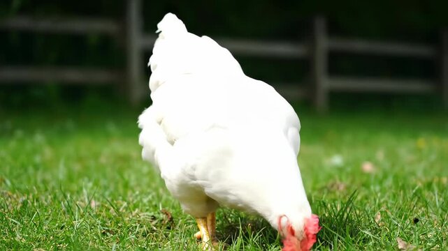 White hens walking on the grass, free range white feathered chickens foraging