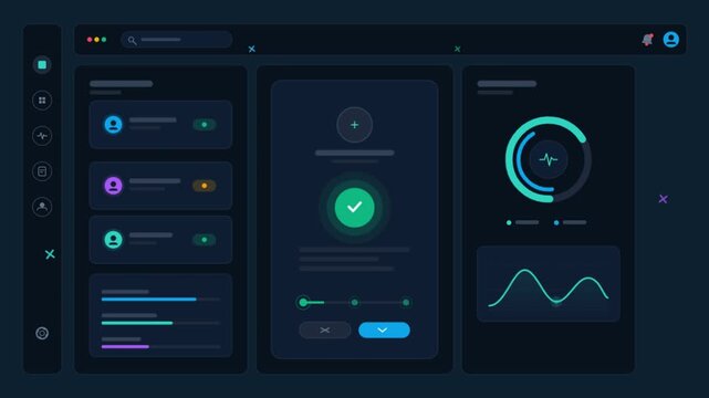 Futuristic dark mode dashboard UI, digital data visualization interface with neon charts and graphs, modern software control panel design