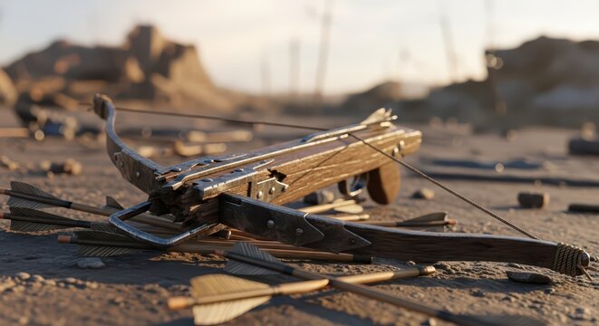 Ancient wooden crossbow with fletched arrows lying on dusty ground, close-up, historical combat weapon