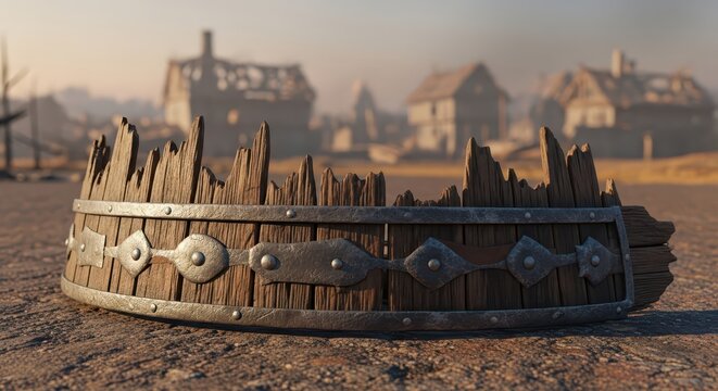 Ancient Wooden Crown with Metal Accents Lying on Dusty Ground in Ruined Village