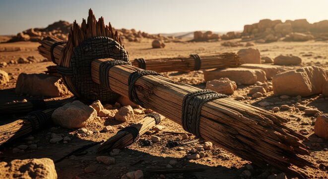 Ancient wooden cross structure fragment lying in a sun-drenched desert landscape with rocky formations