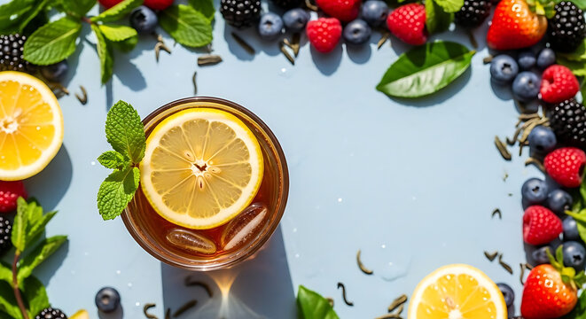Refreshing iced tea beverage garnished with lemon slice and fresh mint leaves top view