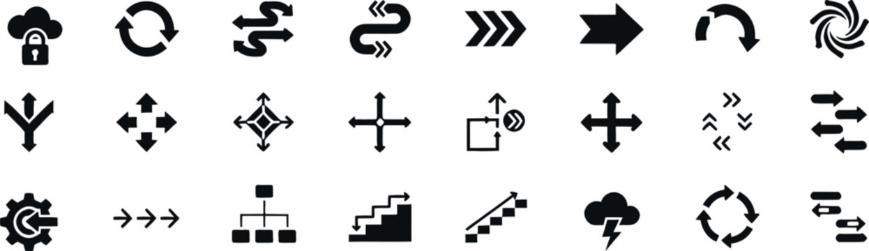 Set of black business and technology icons featuring arrows cycles and network flow diagrams on white background