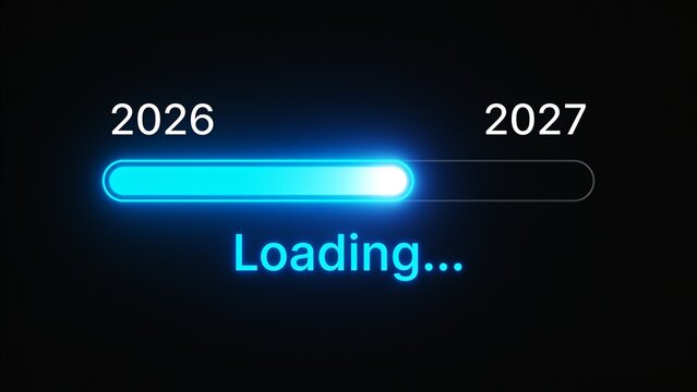Futuristic loading progress bar between years 2026 and 2027 with digital glow effect