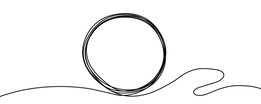 Doodles of a single continuous line circle, Hand-drawn circle frame on a white background, Single continuous line drawing of black circle doodles, Editable continuous line drawing of a round frame. On