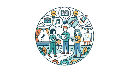 Colorful illustration of teamwork and creativity concepts. © Reda
