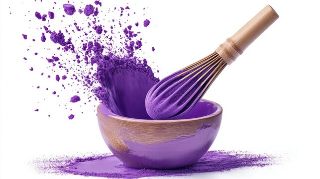 Ube Powder on white background,Iced Ube Latte,and matcha latte,PopularTrendy Purple Coffee Shop,plant based recipes,superfood,menu and banner,Healthy and wellness concept.