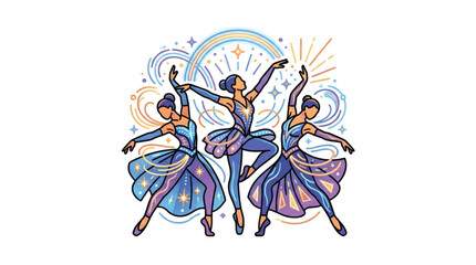 Colorful illustration of three dancing ballerinas in motion. © Reda