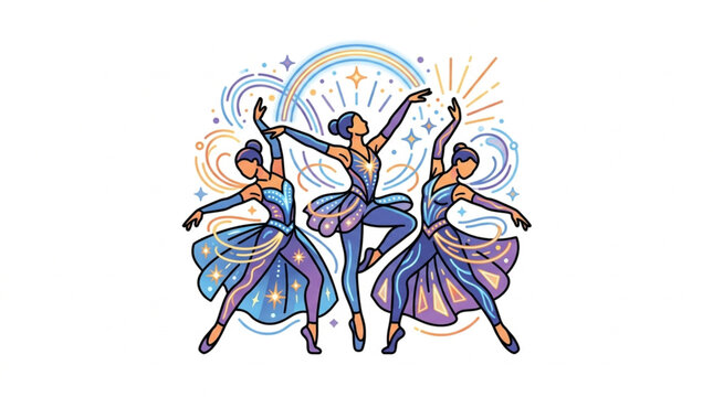 Colorful illustration of three dancing ballerinas in motion.