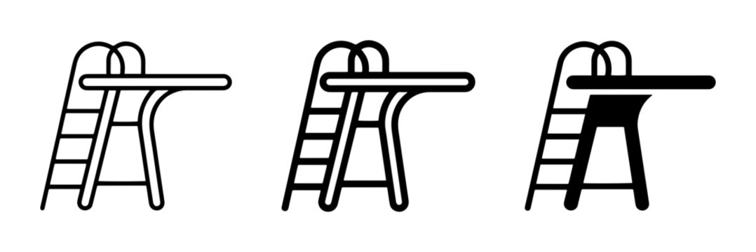 Diving Board Icons, Swimming Pool Jump Platforms, Aquatic Sport Elements, Vector Set