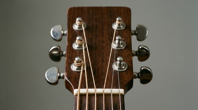 Close up of a vintage acoustic guitar headstock with metal tuning pegs