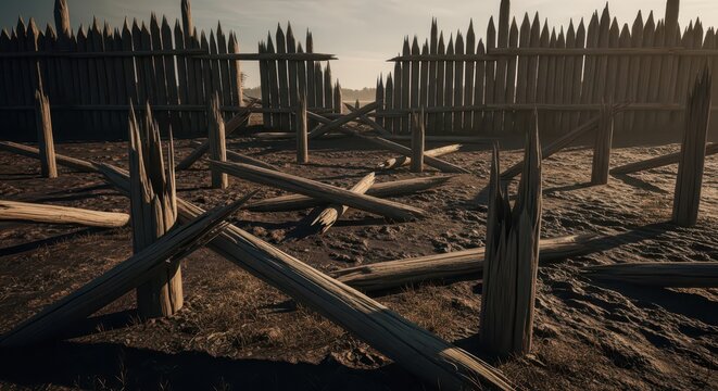 Ancient Wooden Fort Palisade in Disrepair with Broken Logs and Spikes on Ground
