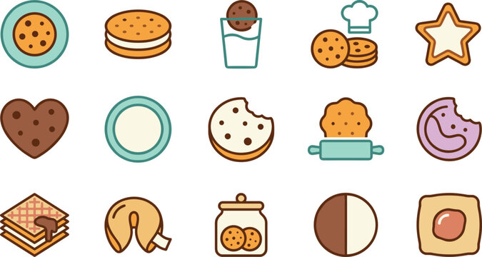 Bakery Cookie Icon Collection with Biscuits, Sandwich Cookies, Wafers, Fortune Cookie, Jar, Chef Hat, and Sweet Dessert Vector Set