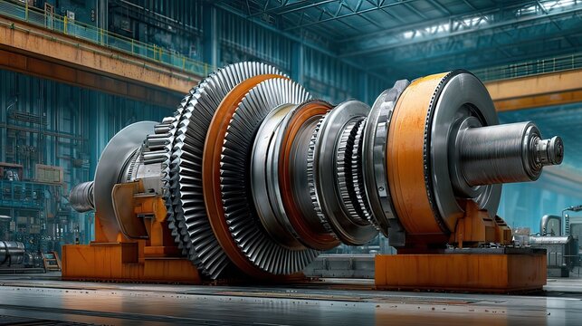 Detailed Close-Up of an Industrial Turbine Engine Machinery in a Modern Factory with Blue Lighting and Metal Components