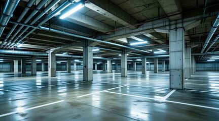 Fototapeta premium Empty underground parking garage with concrete columns, ceiling pipes. Wide view of vacant industrial hall features bright fluorescent lights on gray floor. Nobody stays in modern station warehouse