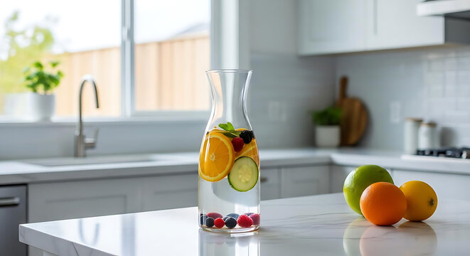 Clear glass carafe infused with fresh citrus fruit cucumber slices