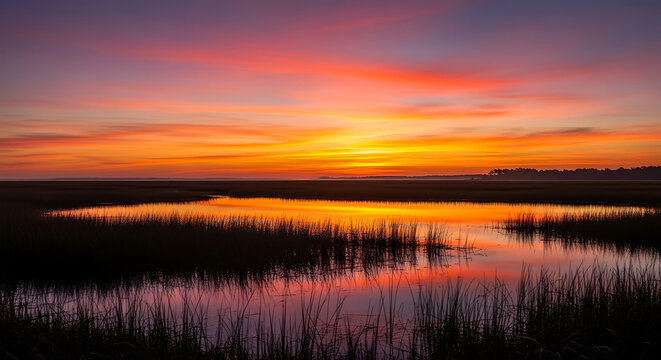 Vibrant golden hour marshland landscape under a fiery multi colored sky at sunset