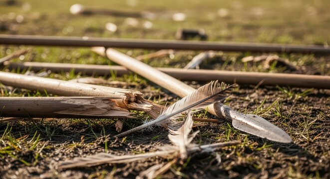 Close-up of a broken primitive arrow with feathers and a metal arrowhead lying on the grass, evoking ancient times