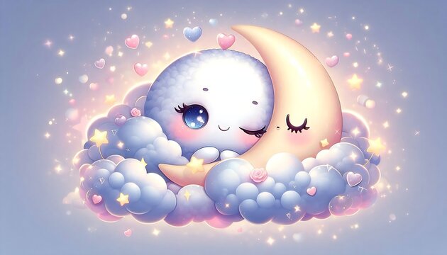 Cute sleeping baby bunny in fluffy clouds. Adorable cartoon animal character resting on soft dreamy background.