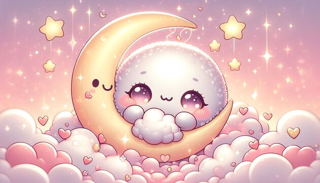 Cute sleepy moon character holding clouds and stars. Adorable celestial night sky mascot with dreamy expression and soft pastel glow.